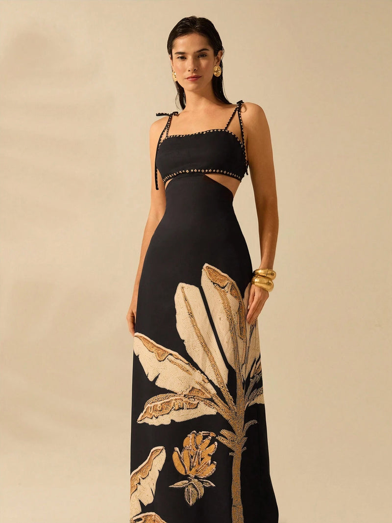 Vestido Vassalo Boho com Amarração Oca na Cintura Sem Mangas
