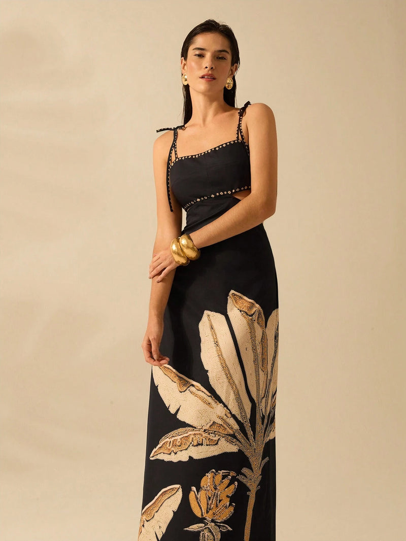Vestido Vassalo Boho com Amarração Oca na Cintura Sem Mangas