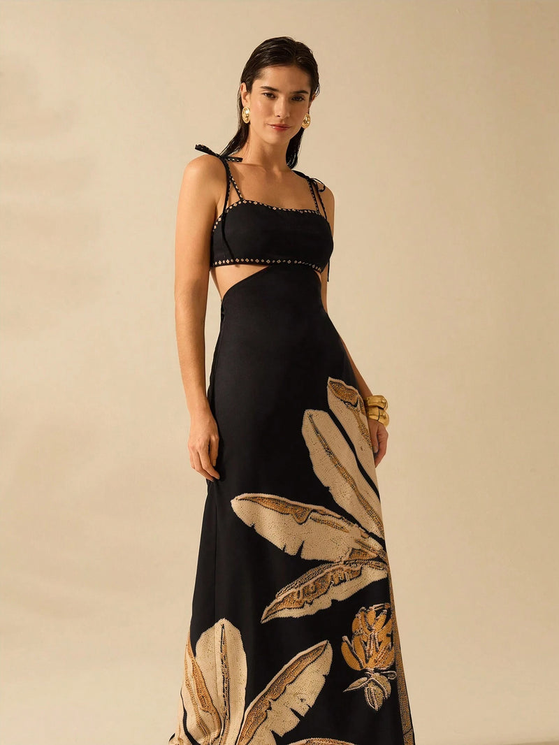 Vestido Vassalo Boho com Amarração Oca na Cintura Sem Mangas