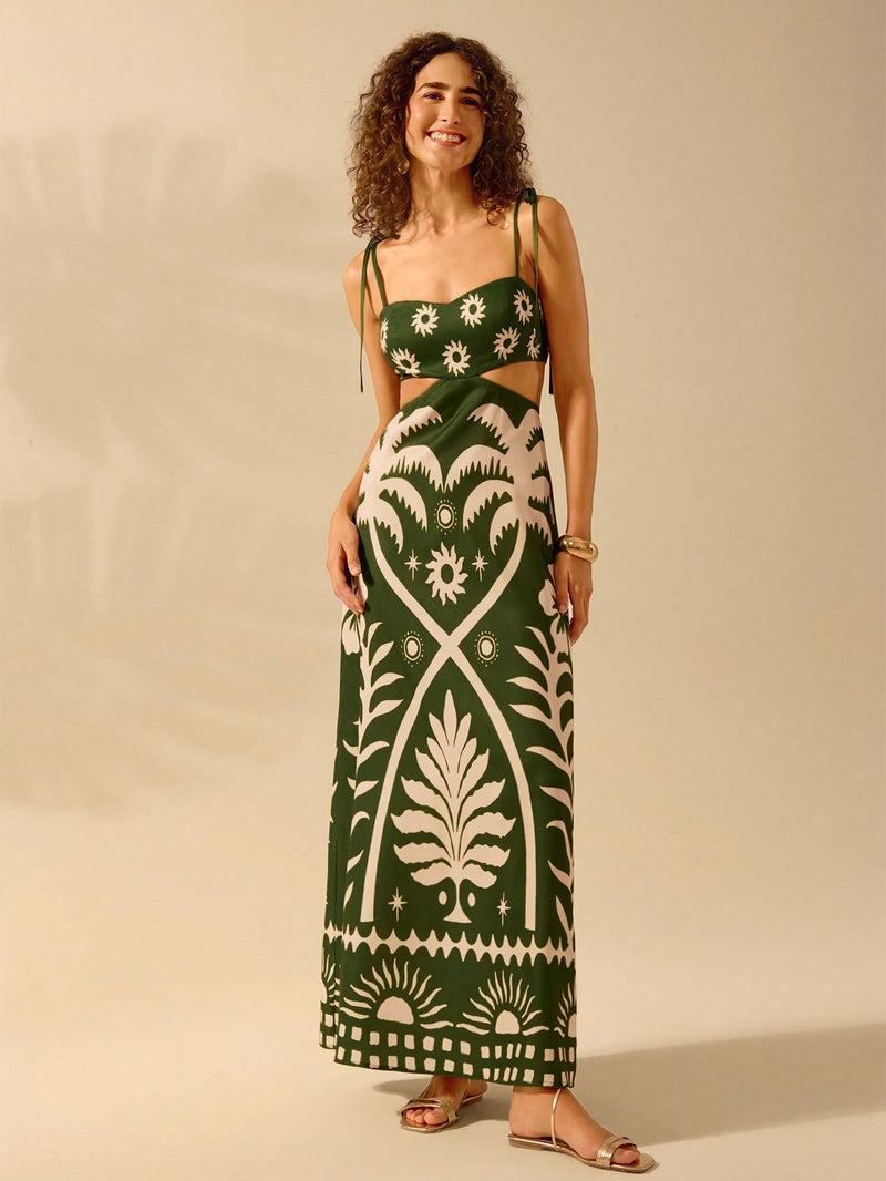 Vestido Vassalo Boho com Amarração Oca na Cintura Sem Mangas