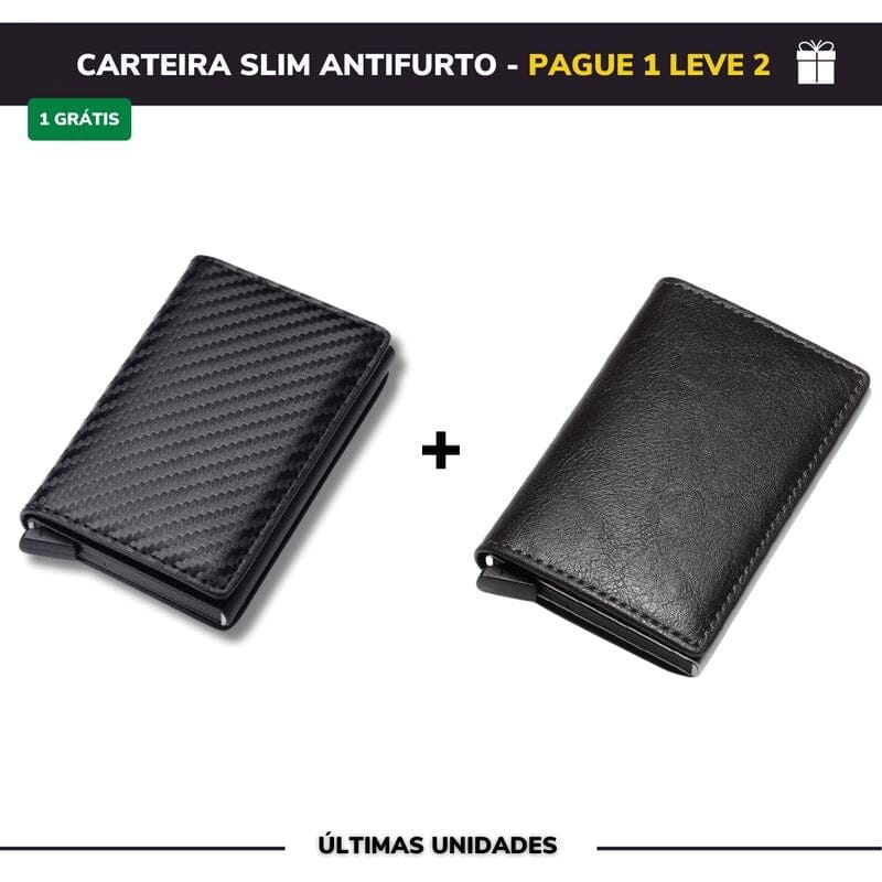 Carteira Slim Antifurto Carbon em Couro - Pague 1 Leve 2
